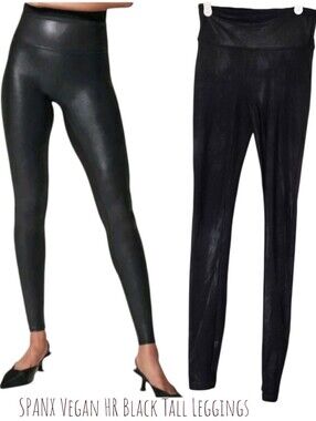 SPANX Women's Faux Leather Tights Black Vegan High Waisted Tall Leggings S